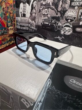 Chunky Black Rectangle Sunglasses with Light Blue Lenses